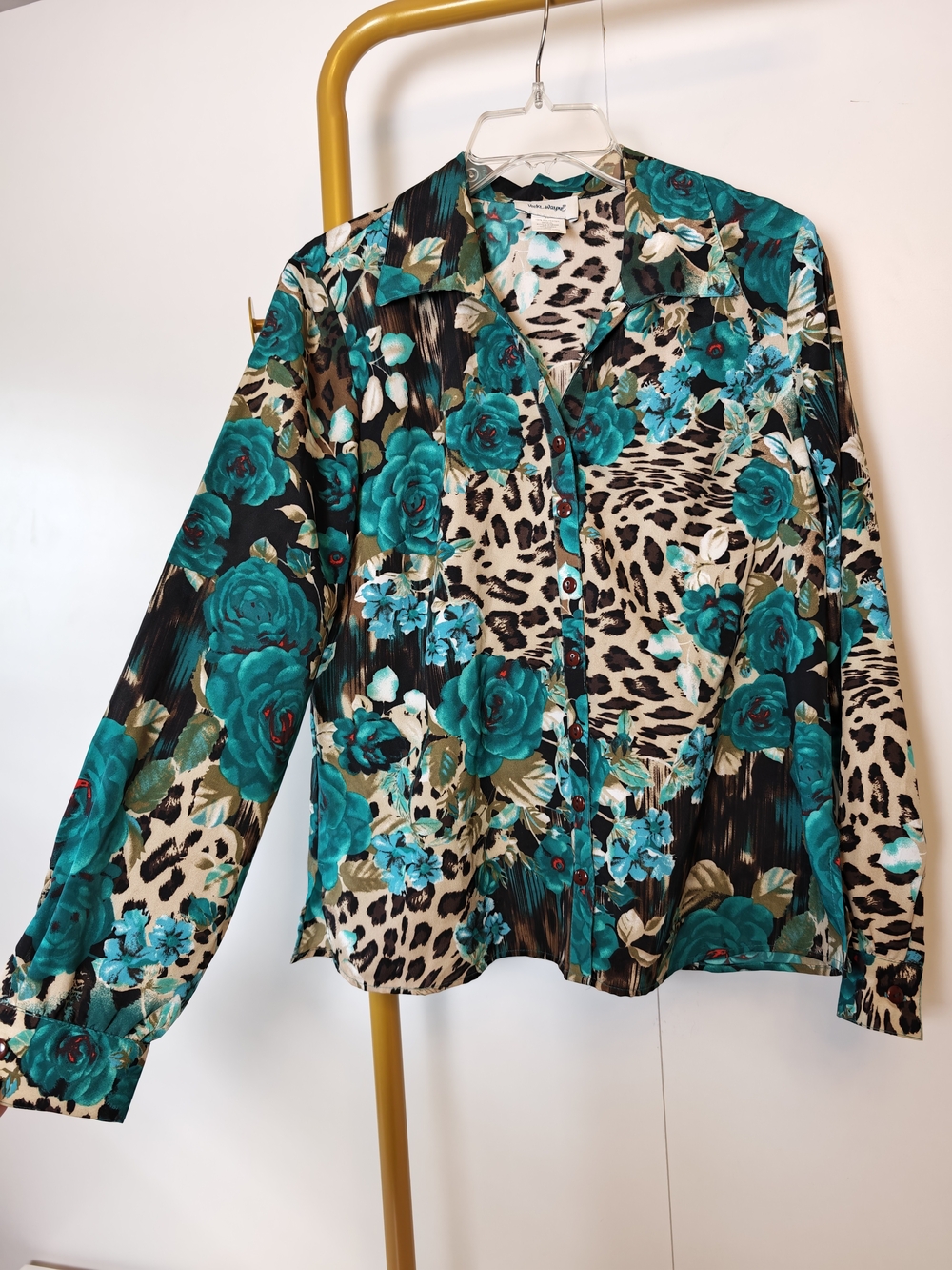 Vintage Maximalist Women's Teal Floral & Leopard-Print Button Down Shirt Size 10